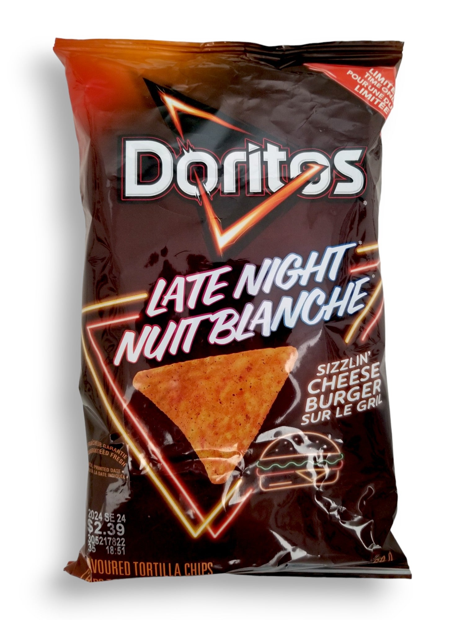 Doritos Late Night Sizzlin' Cheese Burger Flavored Tortilla Chips, 210g/7.4 oz., front of bag