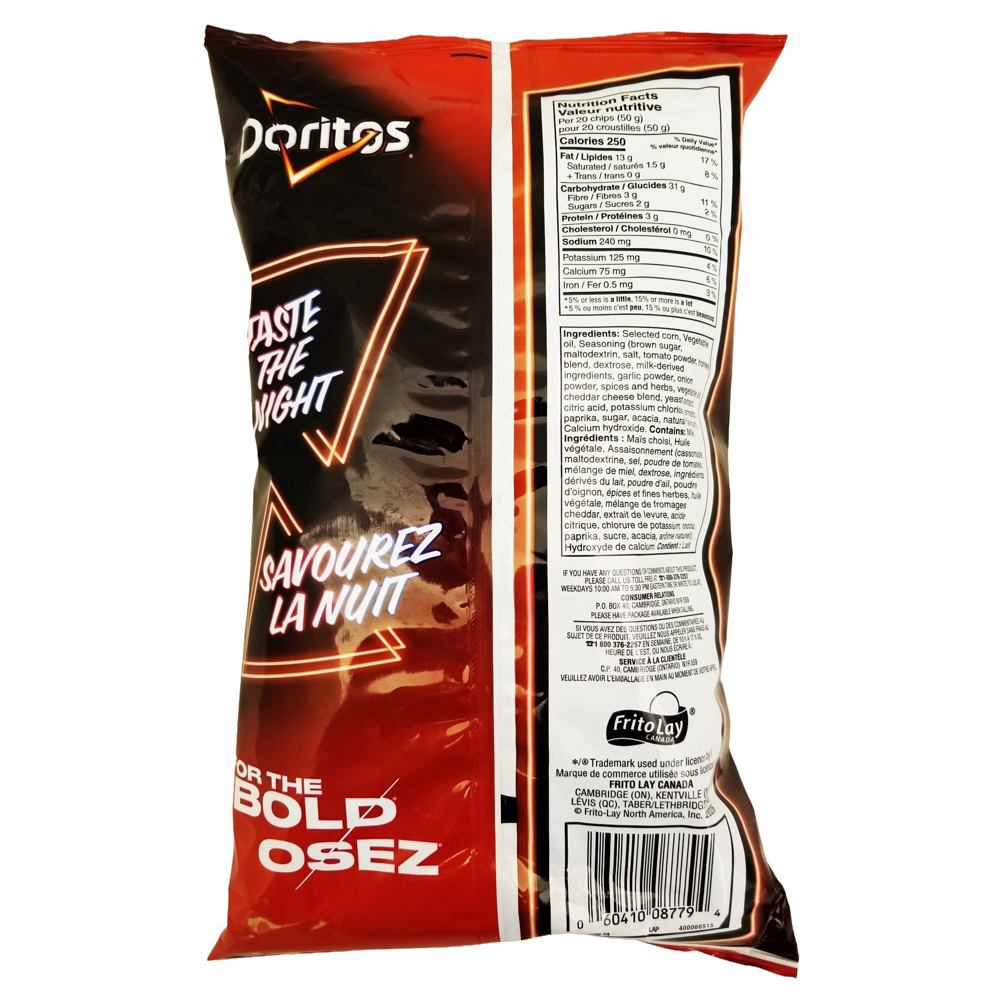 Back of Doritos Late Night Spicy Pizza tortilla chips bag with bilingual nutrition facts, ingredients, and UPC barcode.