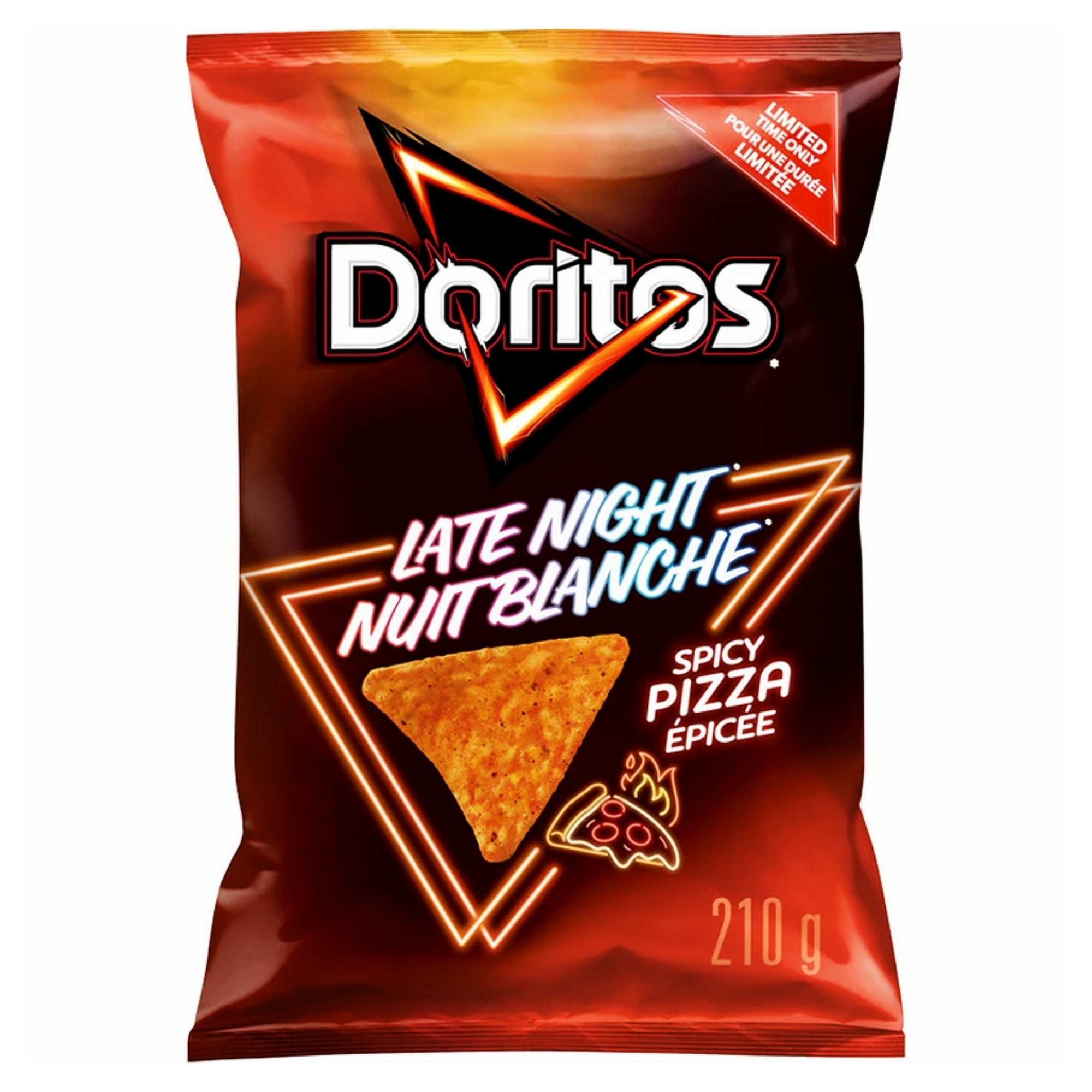 Doritos Late Night Spicy Pizza Flavored Tortilla Chips, 210 g bag, with red-and-black bilingual packaging.