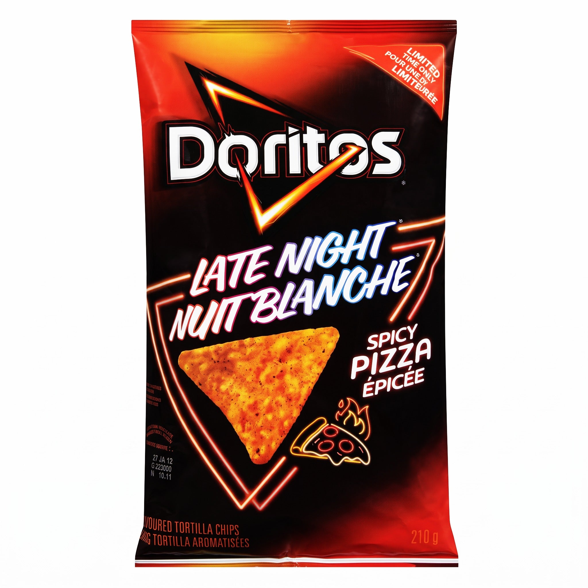 Front of Doritos Late Night Spicy Pizza tortilla chips, 210 g bag, showing the chip illustration and limited-time label.