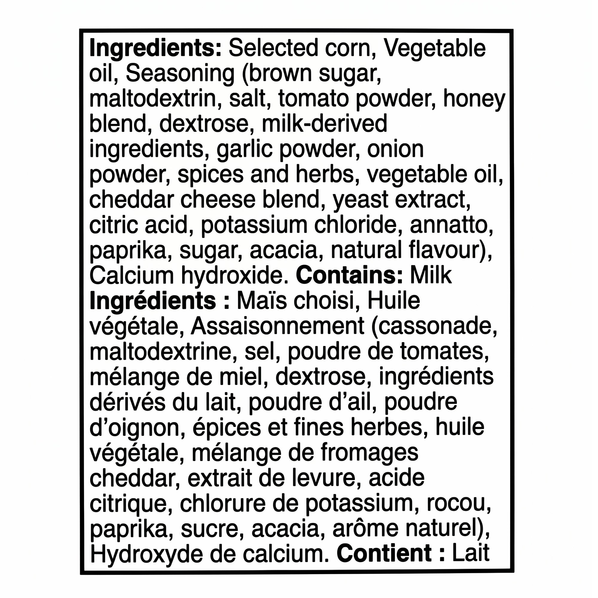 Bilingual ingredient list for Doritos Spicy Pizza tortilla chips, including corn, tomato, cheddar cheese, and milk.