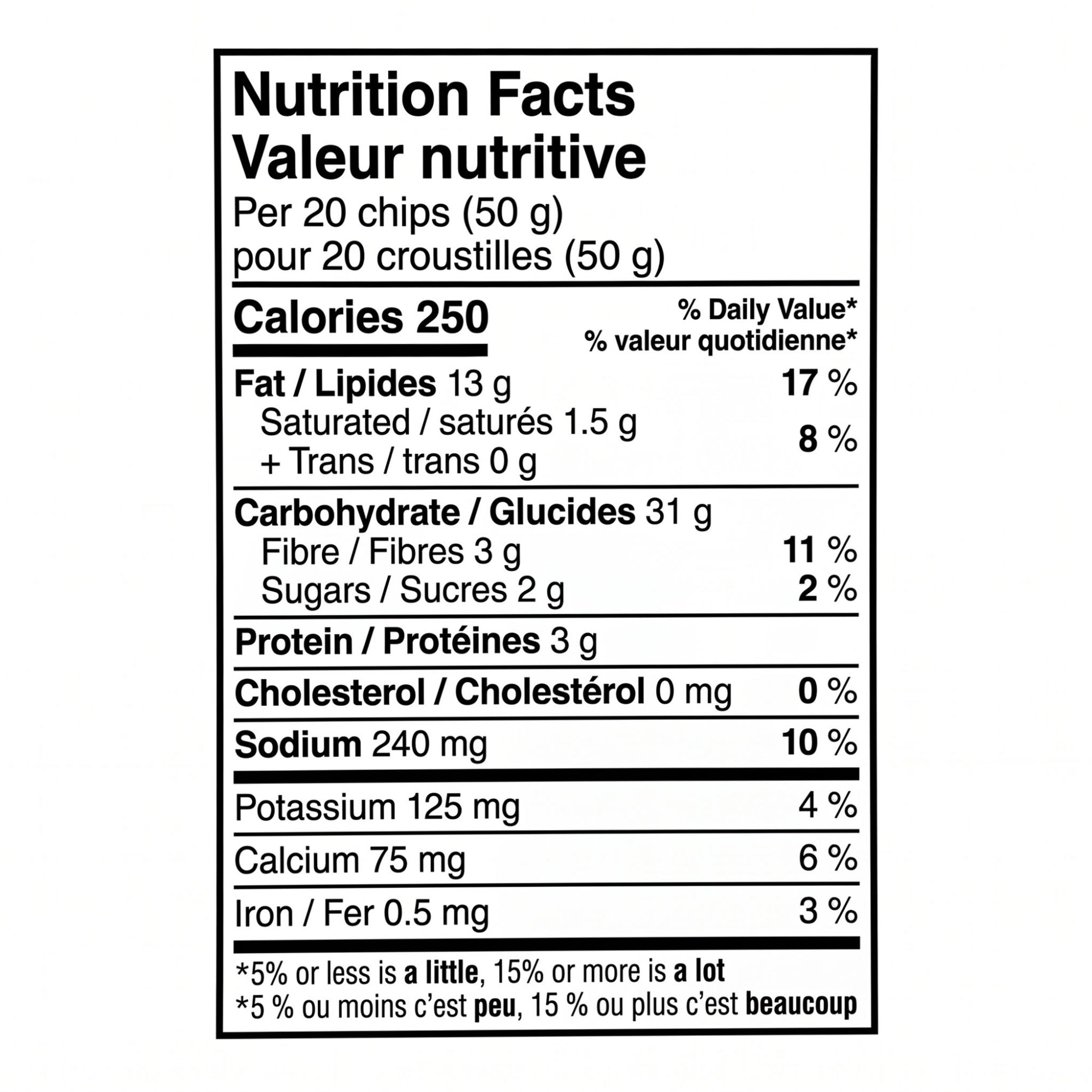 Doritos Spicy Pizza tortilla chips nutrition label showing 250 calories per 20 chips, or 50 g.