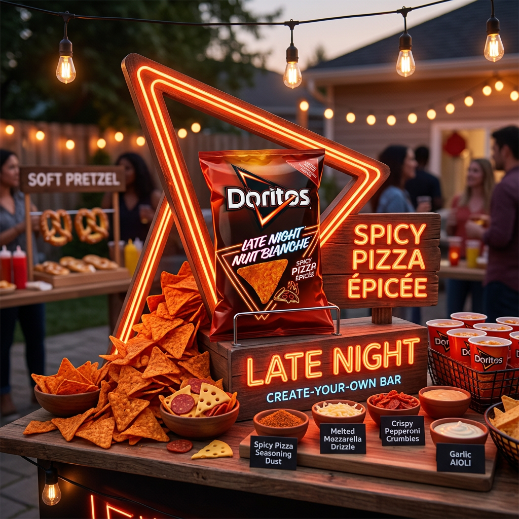 Doritos Late Night Spicy Pizza bag displayed at an outdoor snack bar with tortilla chips, toppings, and neon signs.
