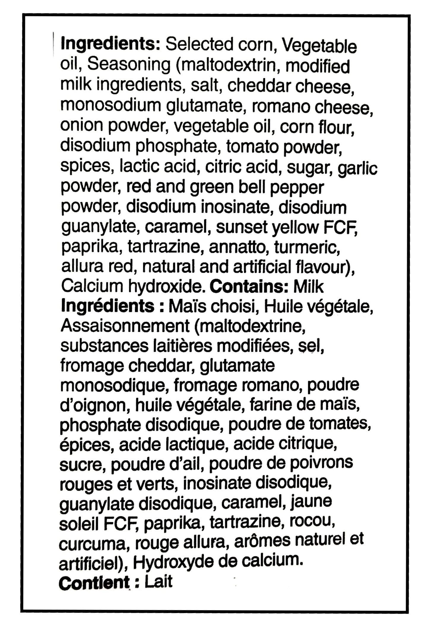 Doritos Nacho Cheese Tortilla Chips, 730g/1.6 lb. - Ingredients Label