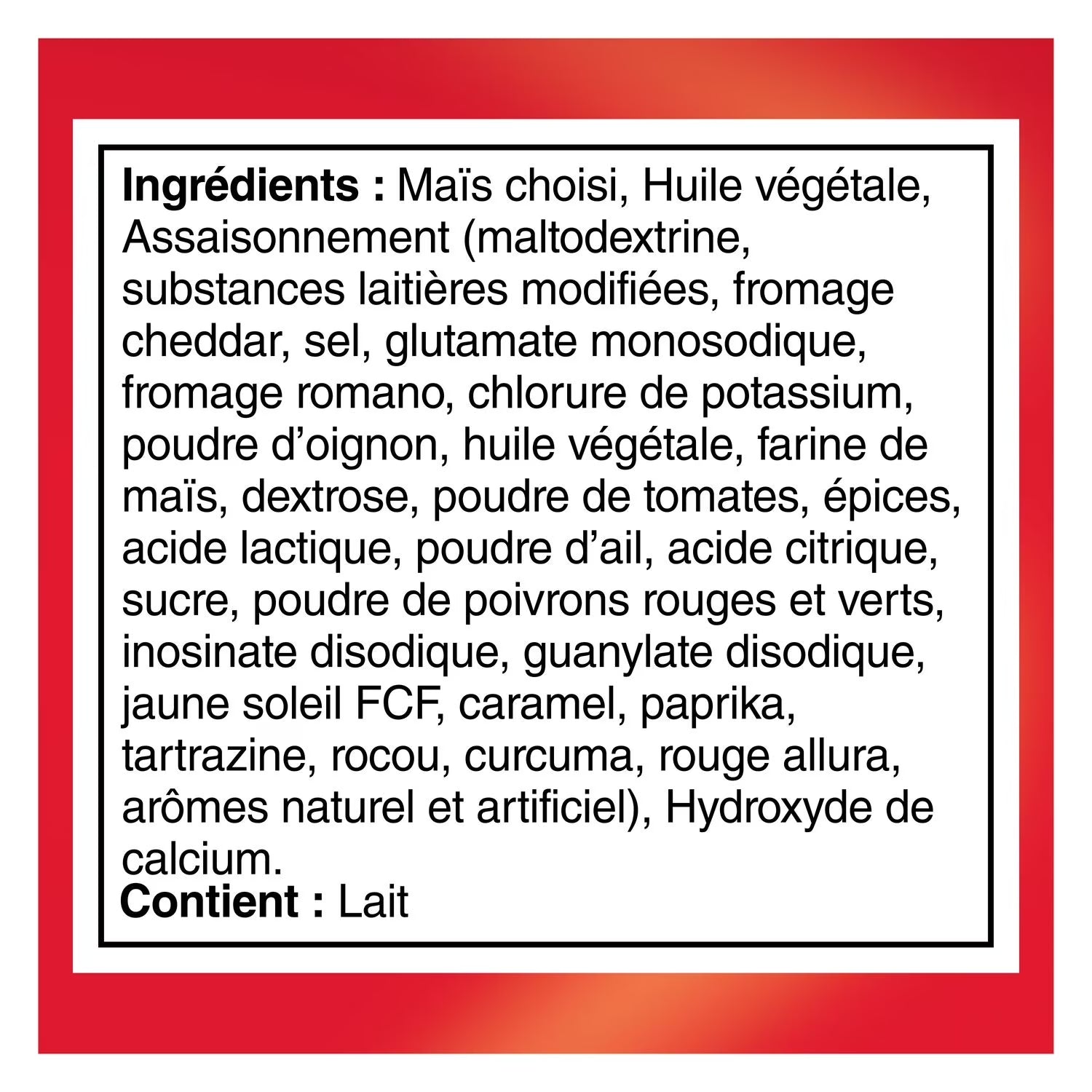 Doritos Nacho Cheese 145g ingredients label French
