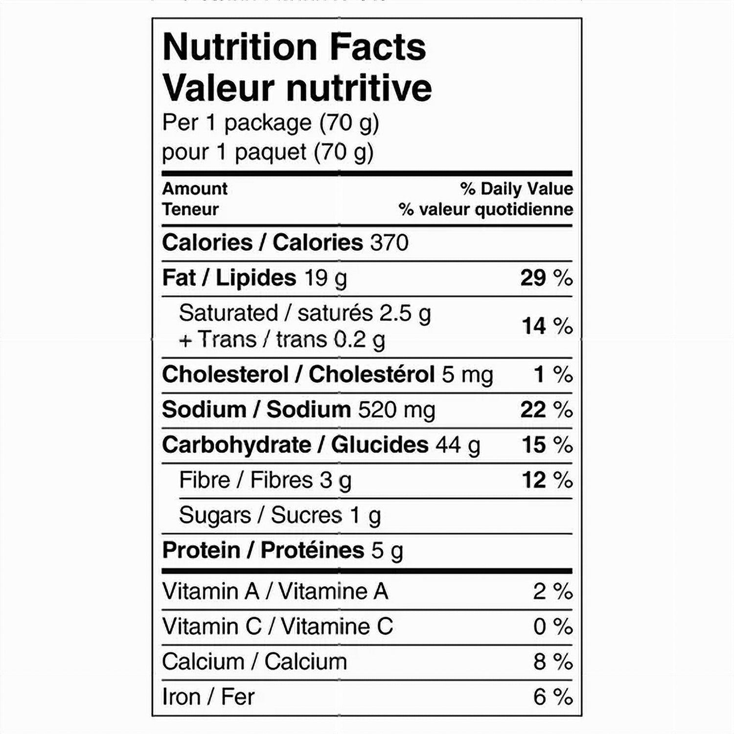 Doritos Nacho Cheese 32x70g case nutrition facts panel