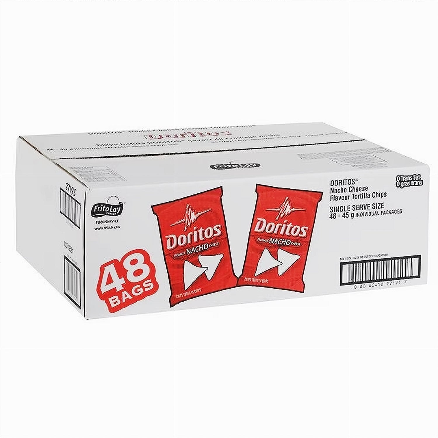 Doritos Nacho Cheese 48x45g case angle view with UPC