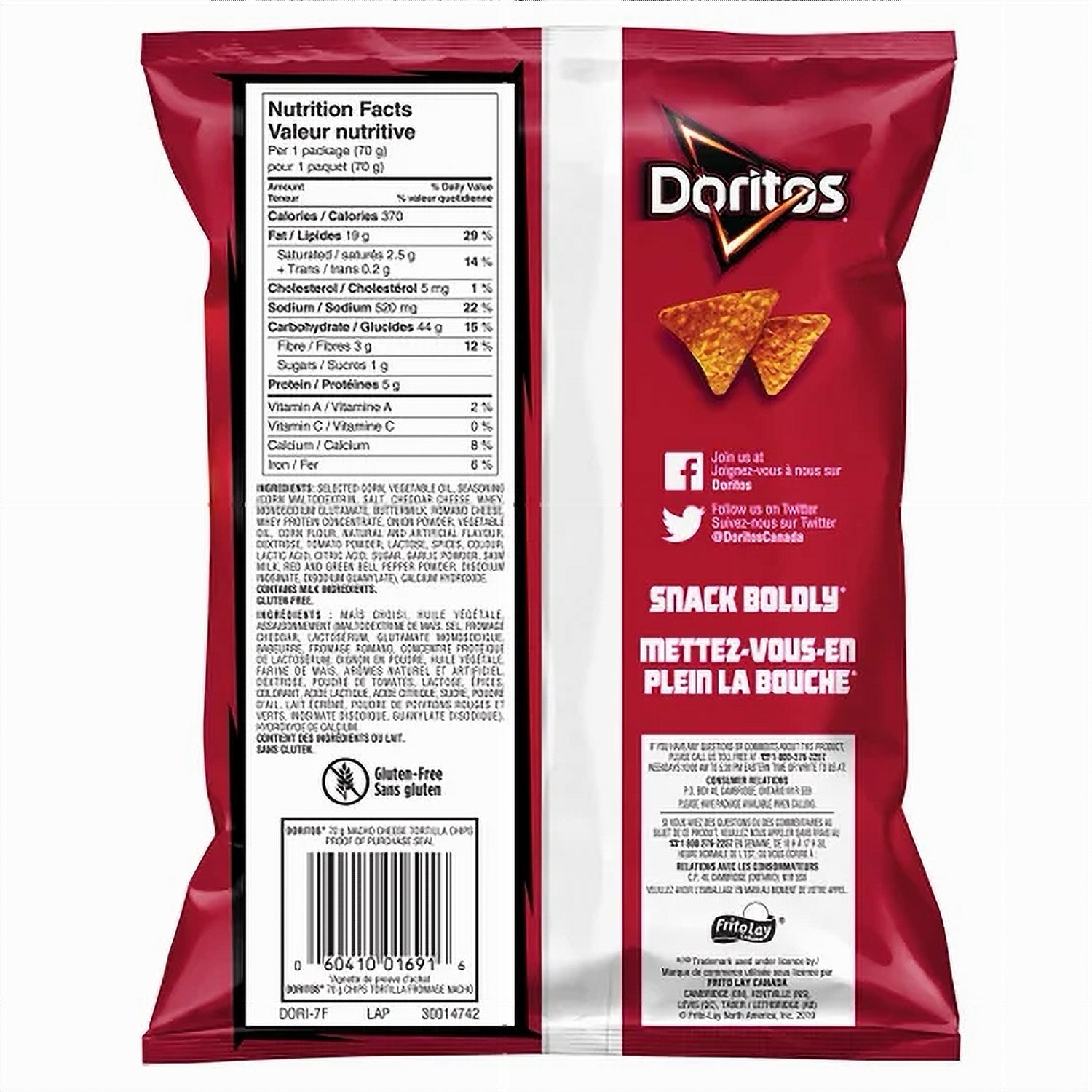 Doritos Nacho Cheese 70g bag back view