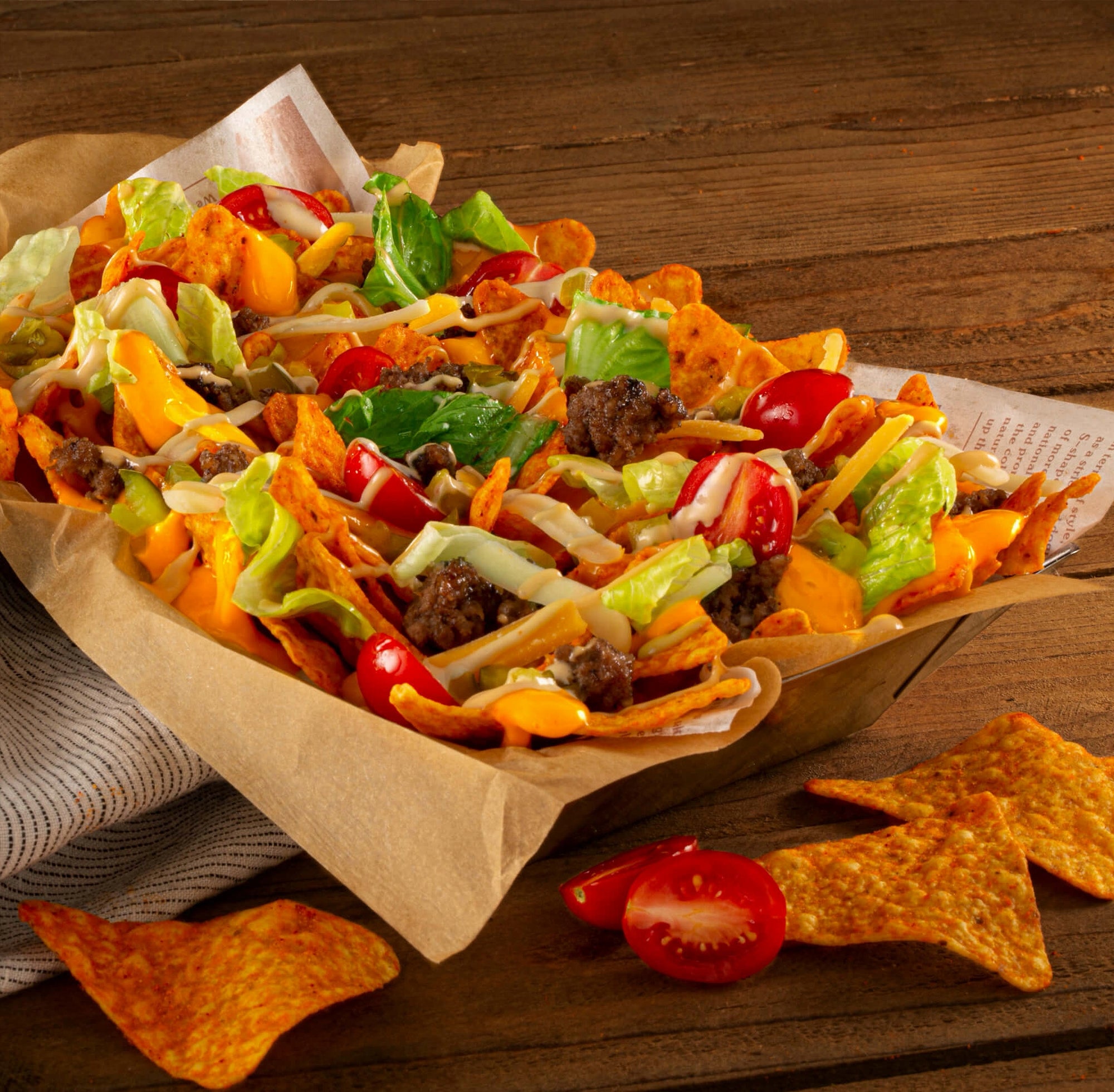 Doritos Nacho Cheese 730g – cheeseburger nachos serving suggestion