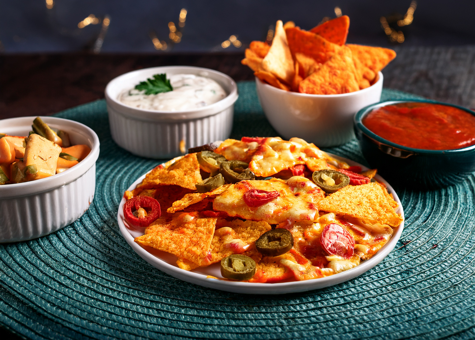 Platter of nachos with various toppings on a textured surface