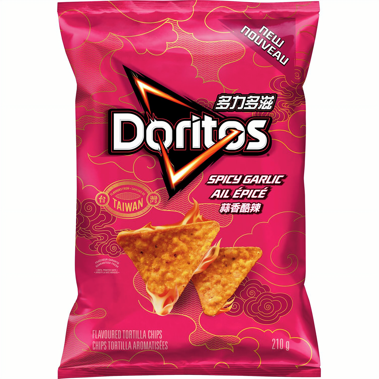 Doritos Spicy Garlic Tortilla Chips, 210g, front of bag.