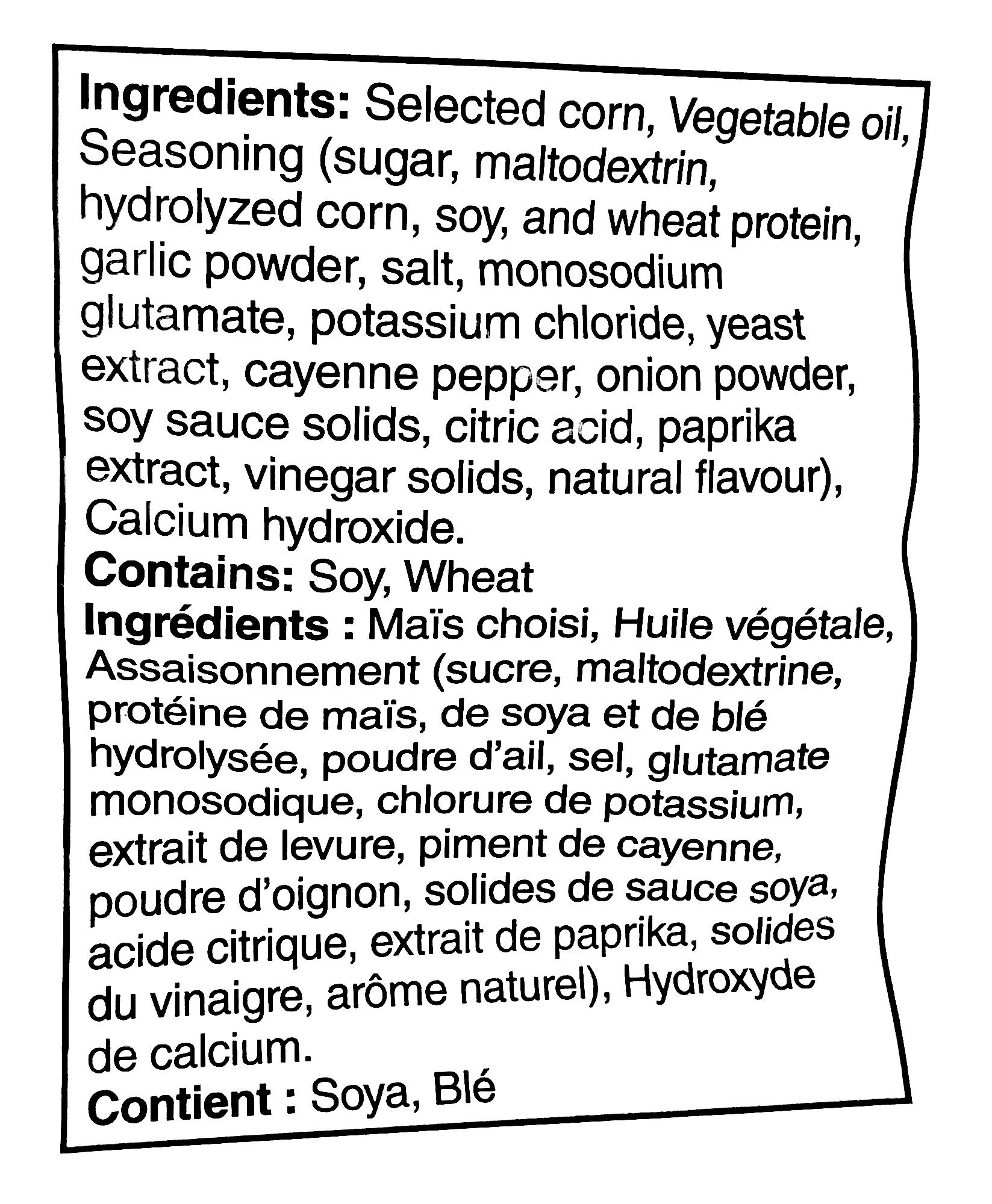 Doritos Spicy Garlic Tortilla Chips, 210g, ingredients label.