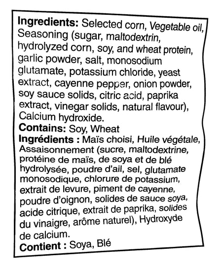 Doritos Spicy Garlic Tortilla Chips, 210g, ingredients label.