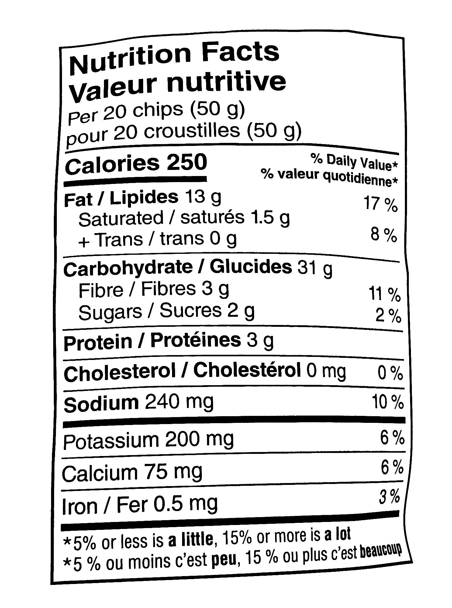 Doritos Spicy Garlic Tortilla Chips, 210g, nutrition facts label.