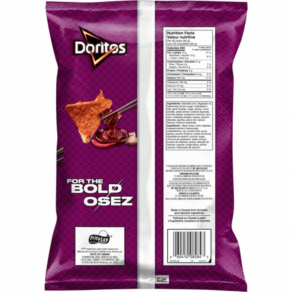 Purple Doritos bag with 'For the Bold Oèsez' text and nutritional information on a white background