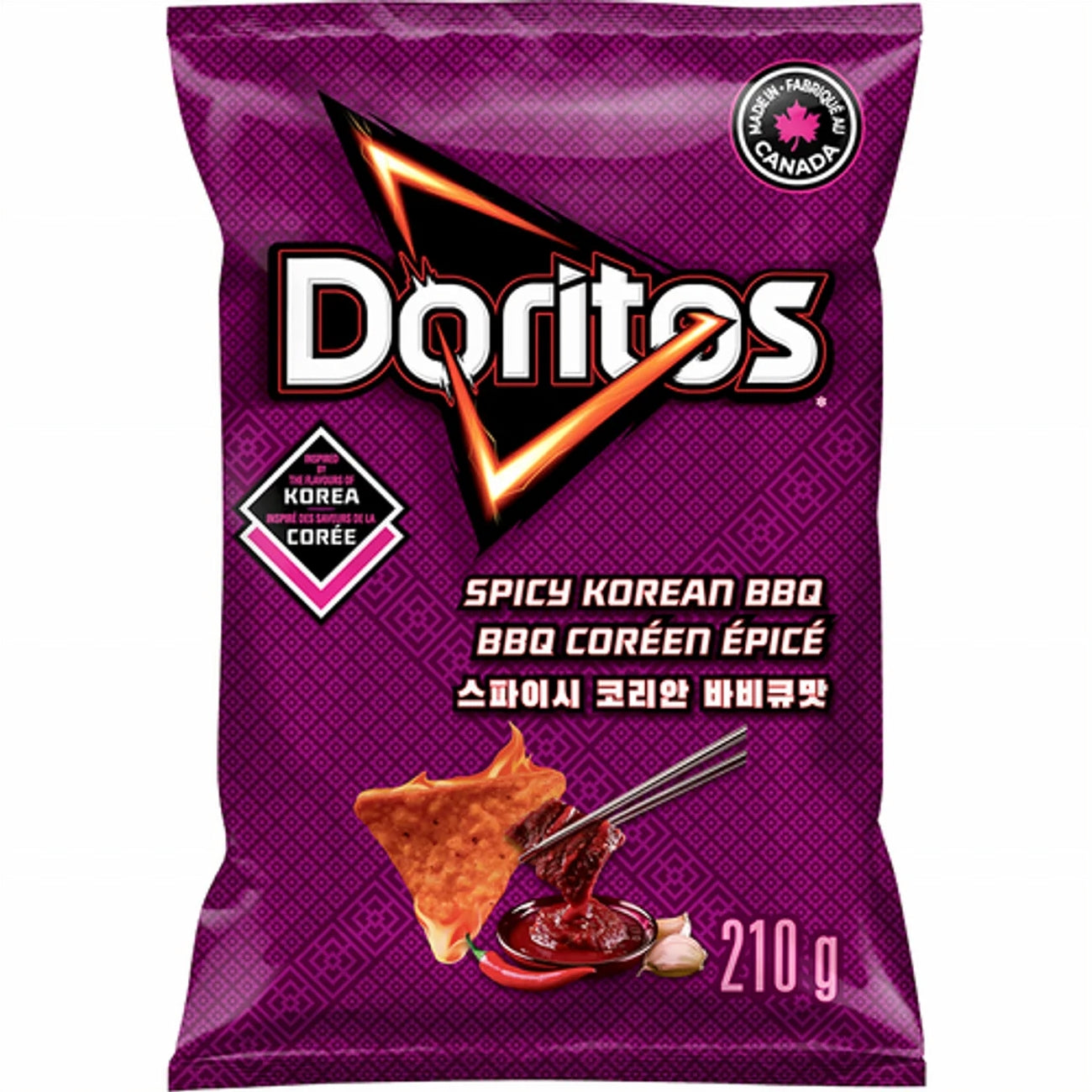 Purple bag of Doritos Spicy Korean BBQ chips on a white background