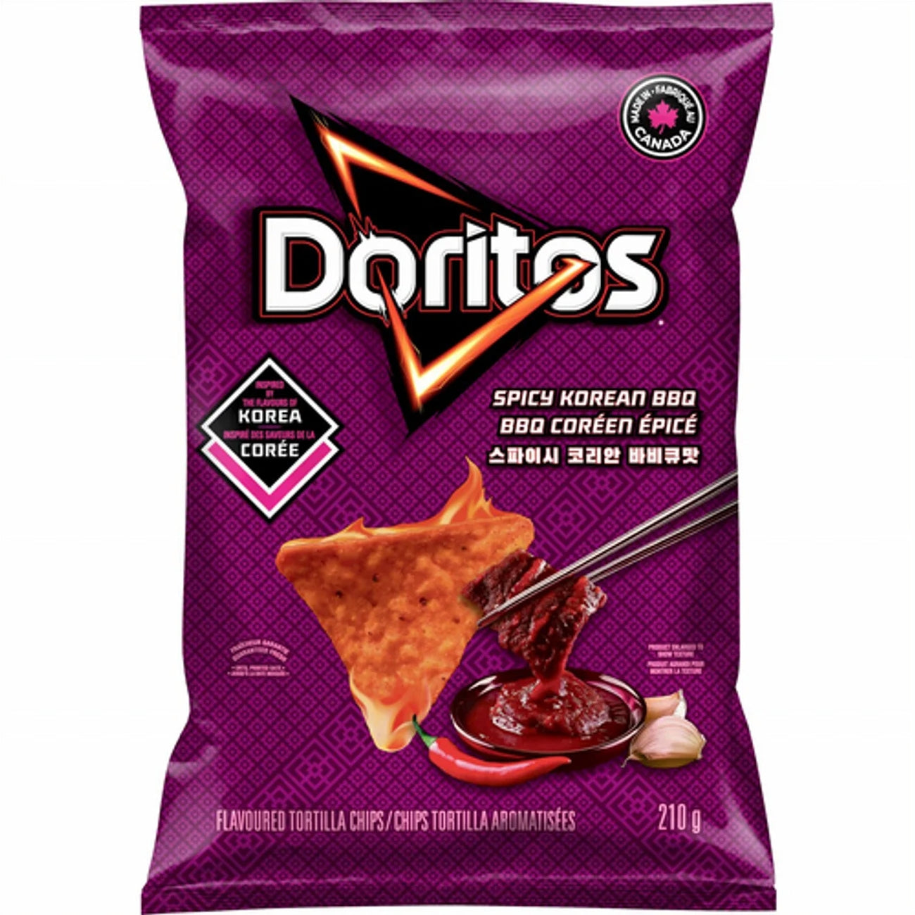 Purple bag of Doritos Spicy Korean BBQ flavored tortilla chips on a white background