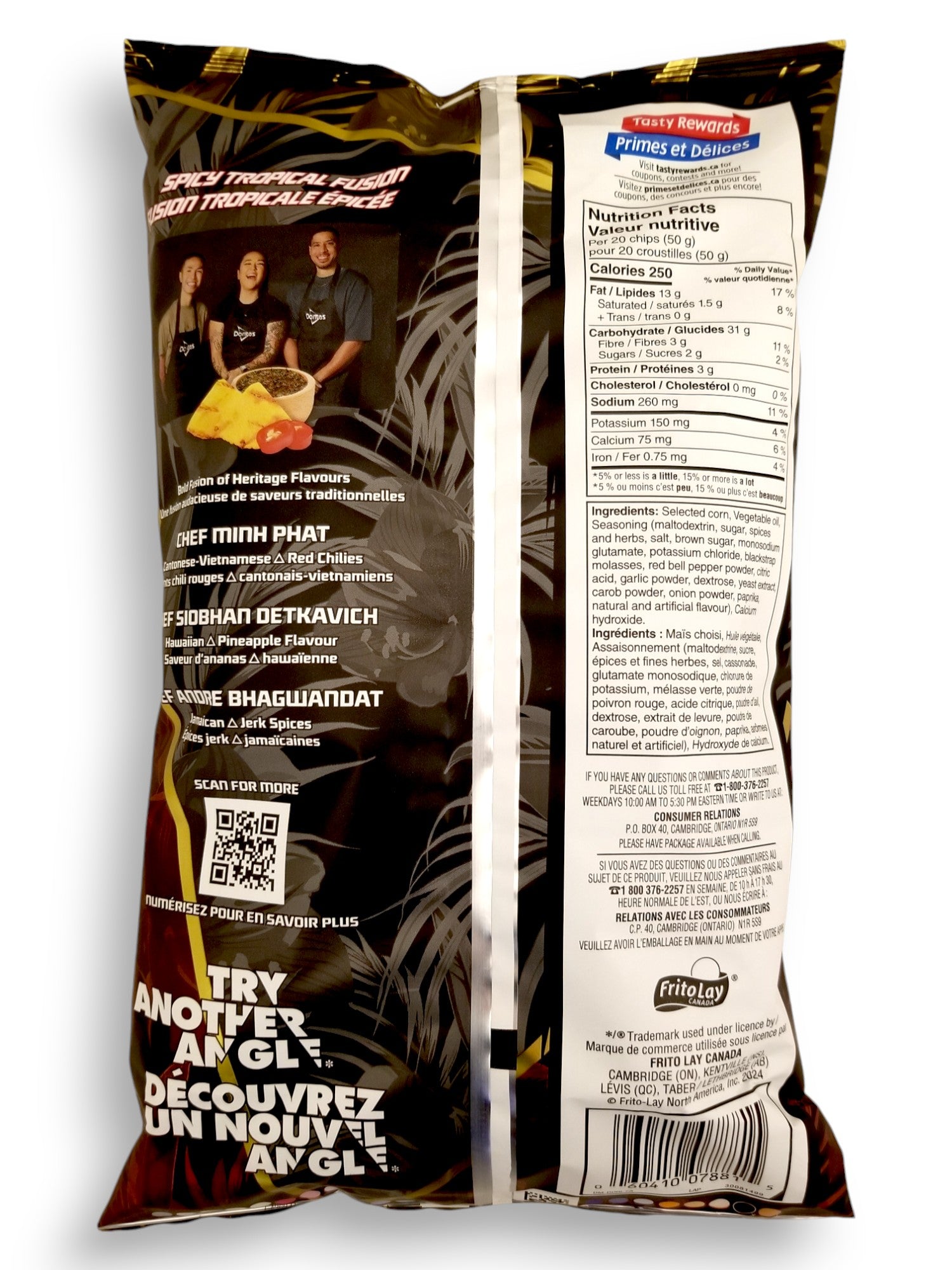 Back of Doritos Spicy Tropical Fusion Tortilla Chips, 210g/7.4 oz., Bag
