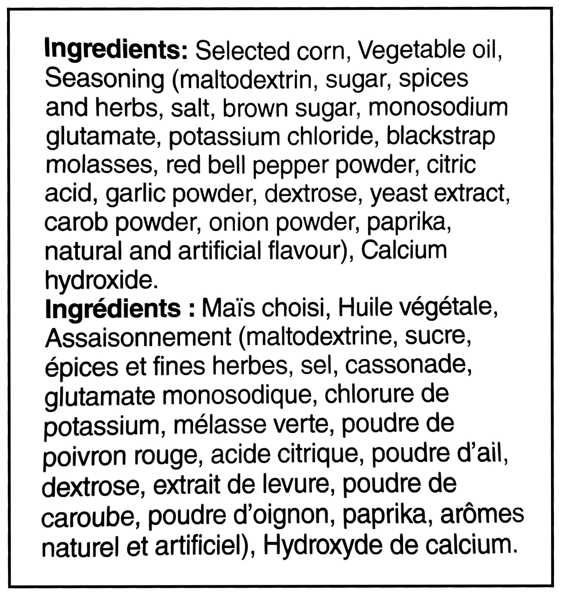 Ingredients label of Doritos Spicy Tropical Fusion Tortilla Chips, 210g/7.4 oz., Bag