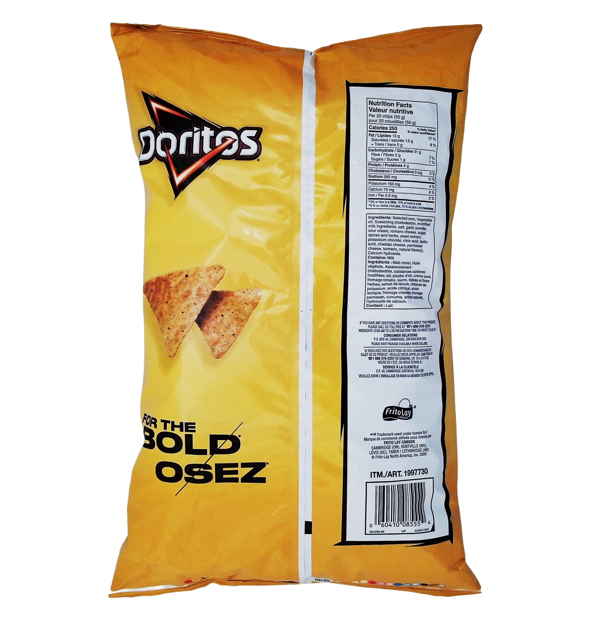 Yellow Doritos Ultimate Garlic Parm Flavored Tortilla Chips 655g bag showing back with branding and text.