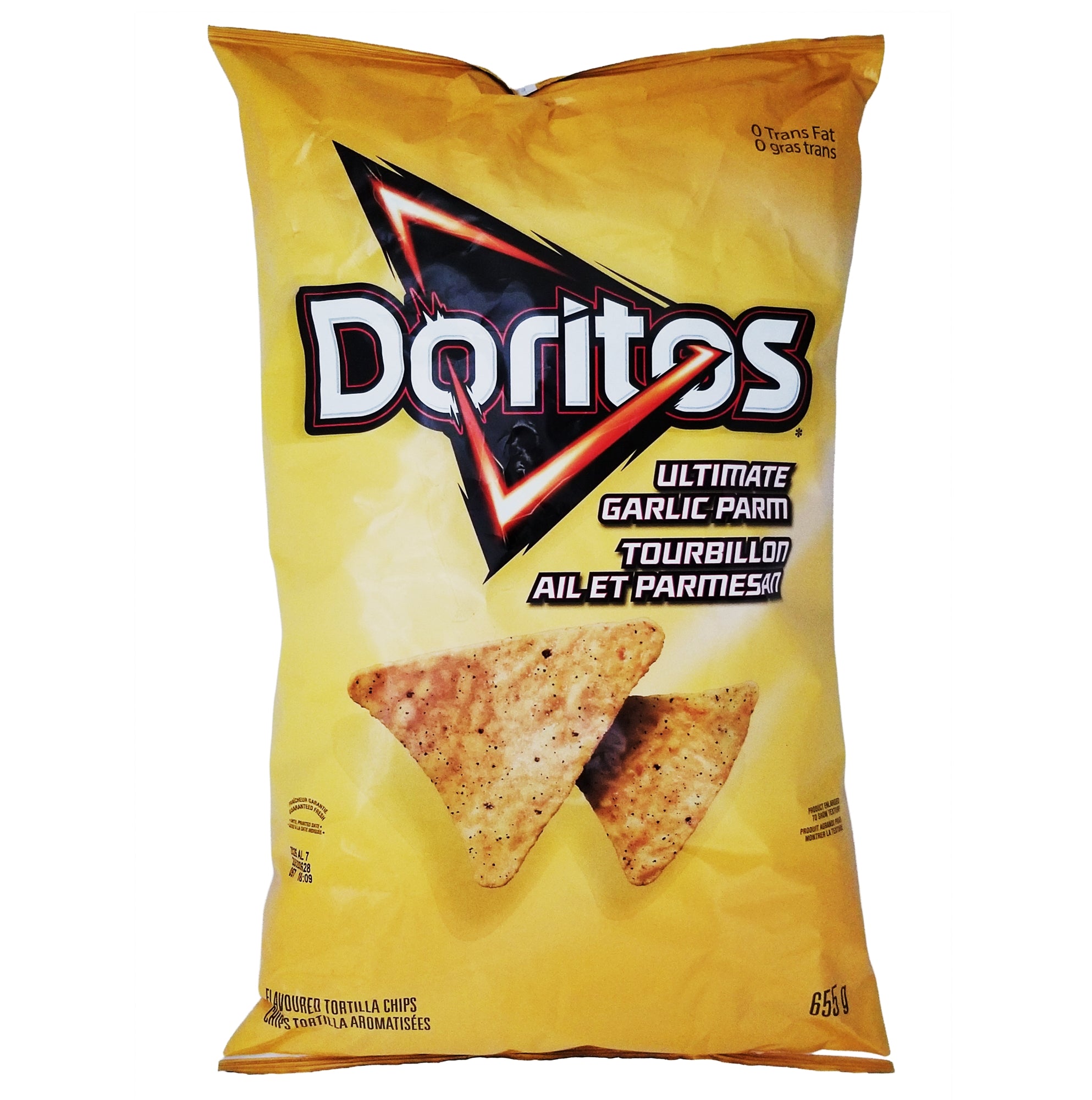 Bag of Doritos Ultimate Garlic Parmesan chips 655g on a white background