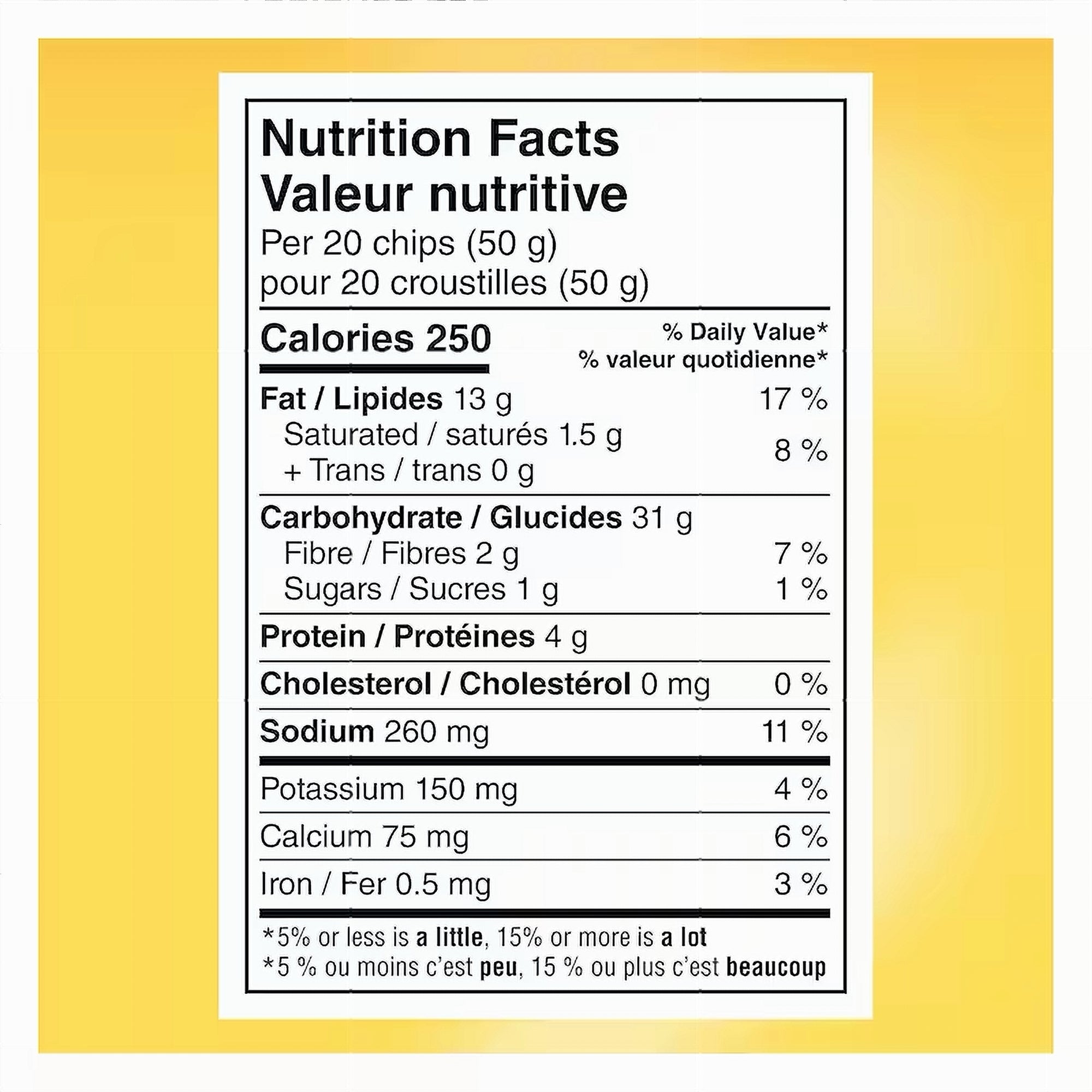 Nutrition facts label for Doritos Ultimate Garlic Parm Flavored Tortilla Chips 655g on a yellow background