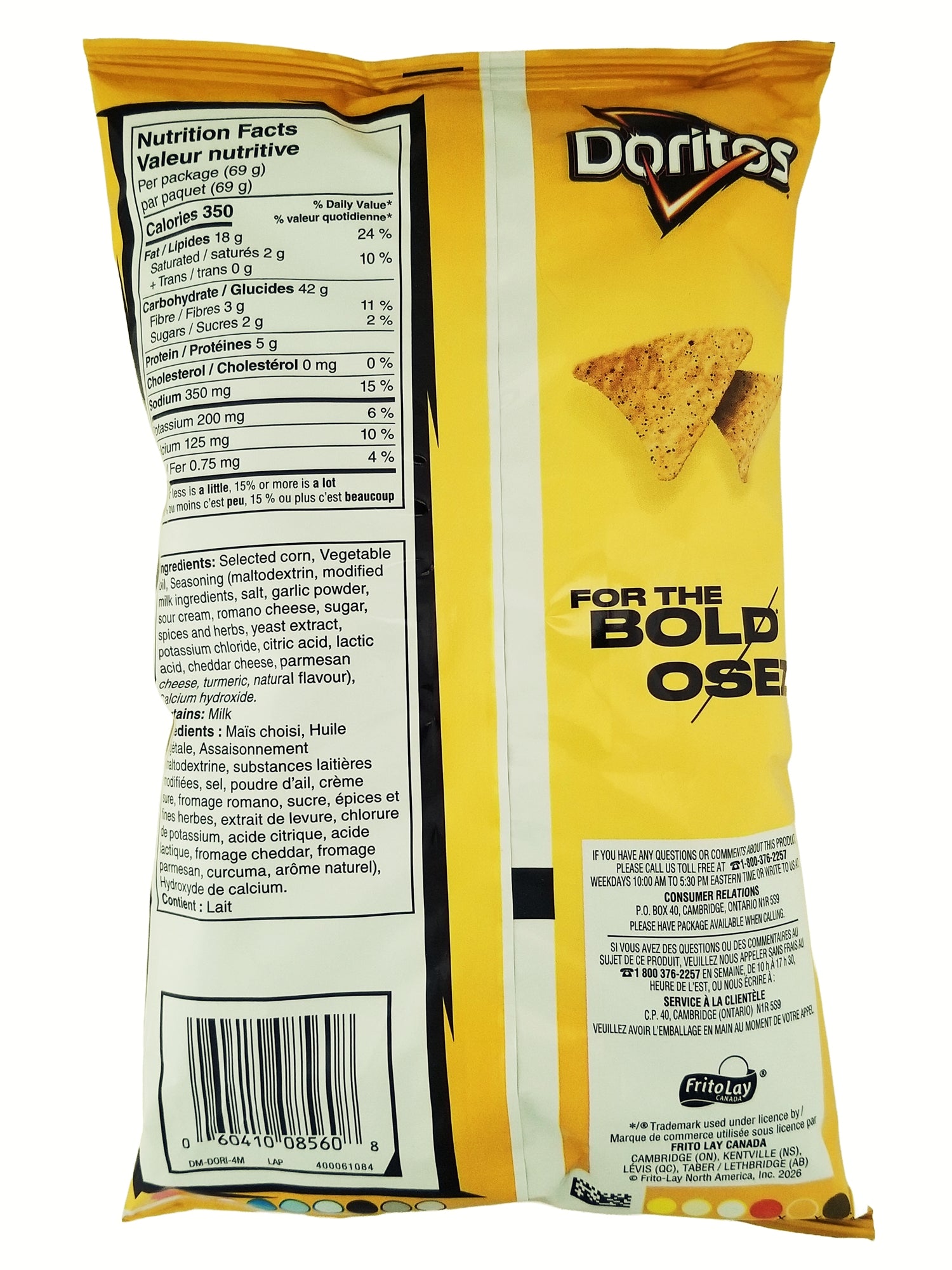 Back view of a Doritos Ultimate Garlic Parm Flavored Tortilla Chips, Snack-Size - 69g with nutritional information and branding.