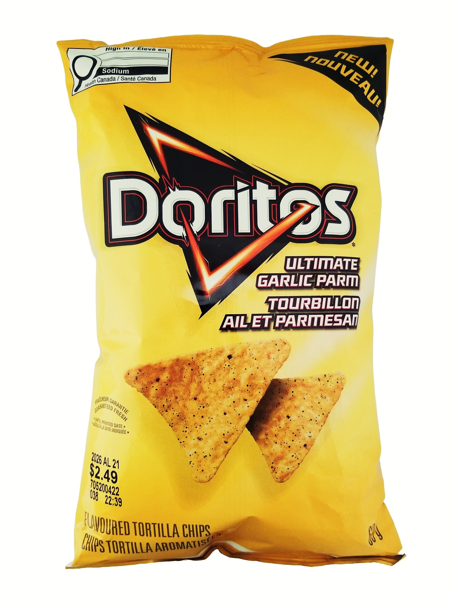 Yellow bag of Doritos Ultimate Garlic Parm Flavored Tortilla Chips, Snack-Size - 69g on a white background