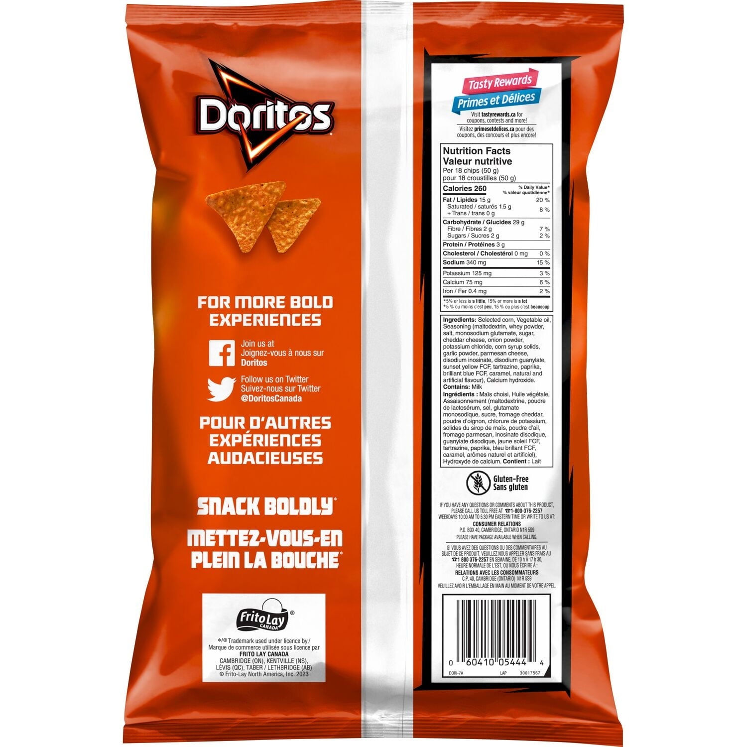 Doritos Zesty Cheese Tortilla Chips 235g bag – back view