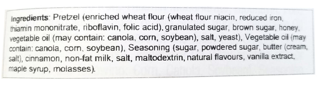 Dot's Cinnammon Sugar Homestyle Pretzel Twists, 454g, ingredients label.