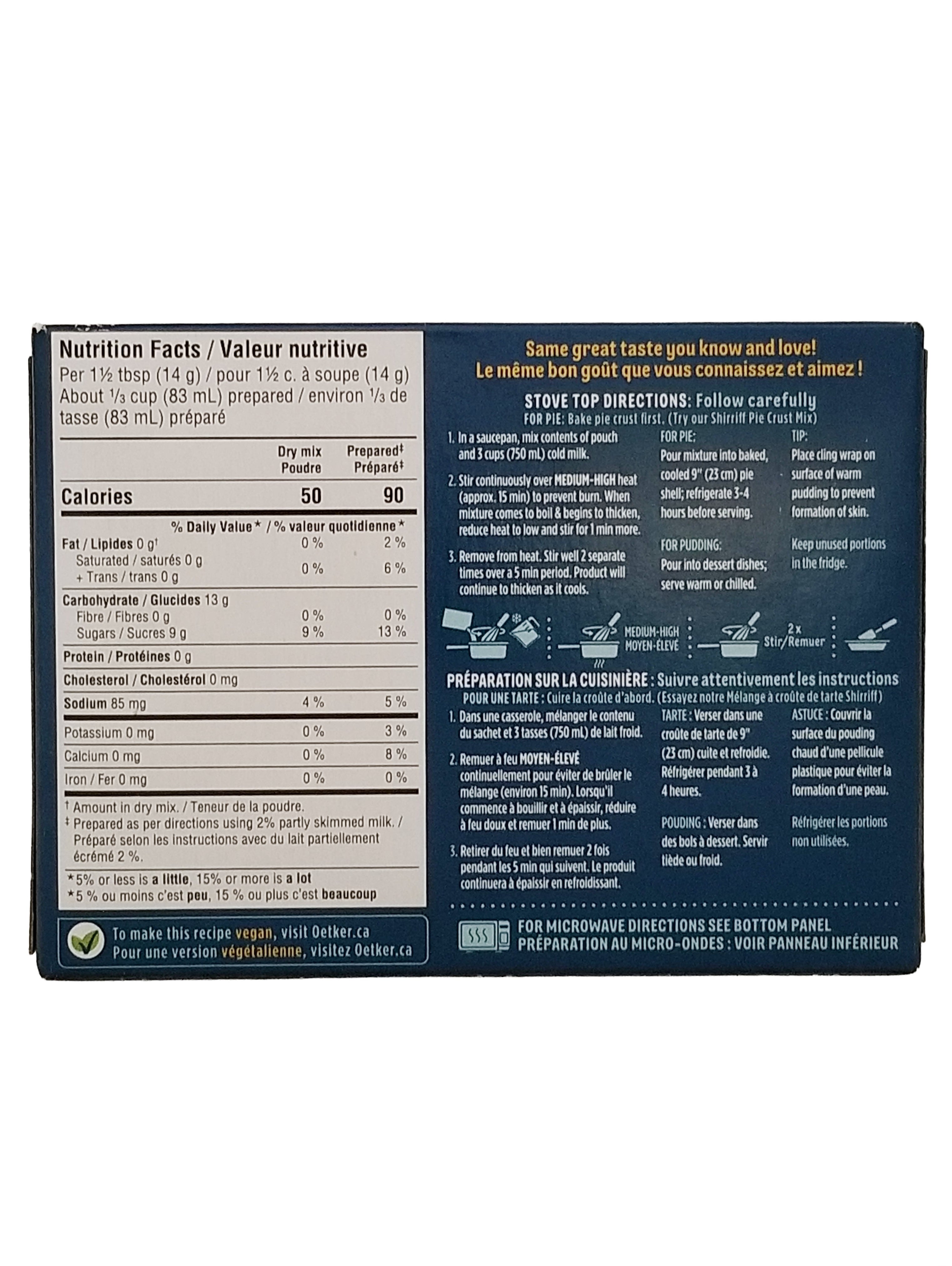 Back of Dr. Oetker Shirriff Butterscotch Pie Filling & Dessert Mix 133g/4.6 oz with nutritional information and cooking directions.