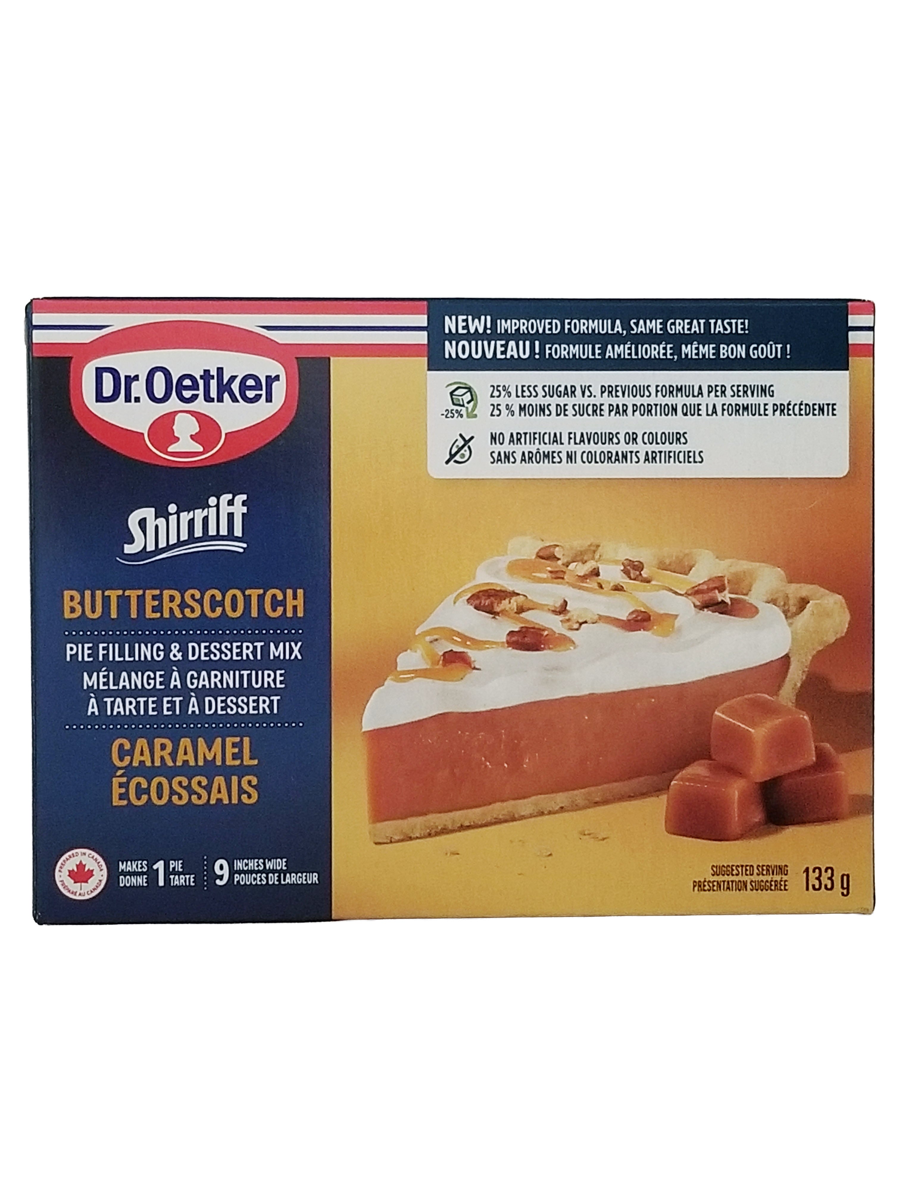 Box of Dr. Oetker Shirriff Butterscotch Pie Filling & Dessert Mix 133g/4.6 oz on a white background