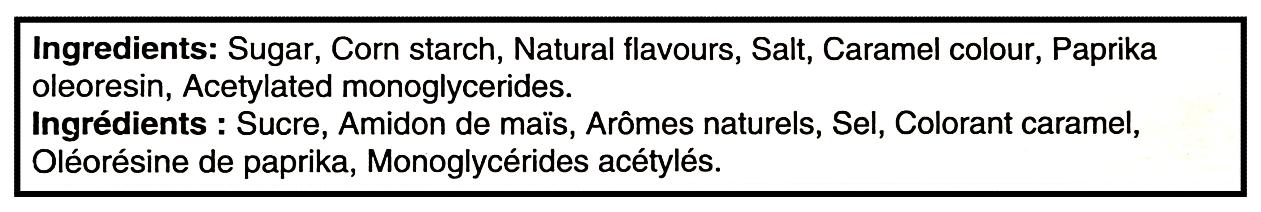 List of ingredients for Dr. Oetker Shirriff Butterscotch Pie Filling & Dessert Mix 133g/4.6 oz with English and French translations on a white background