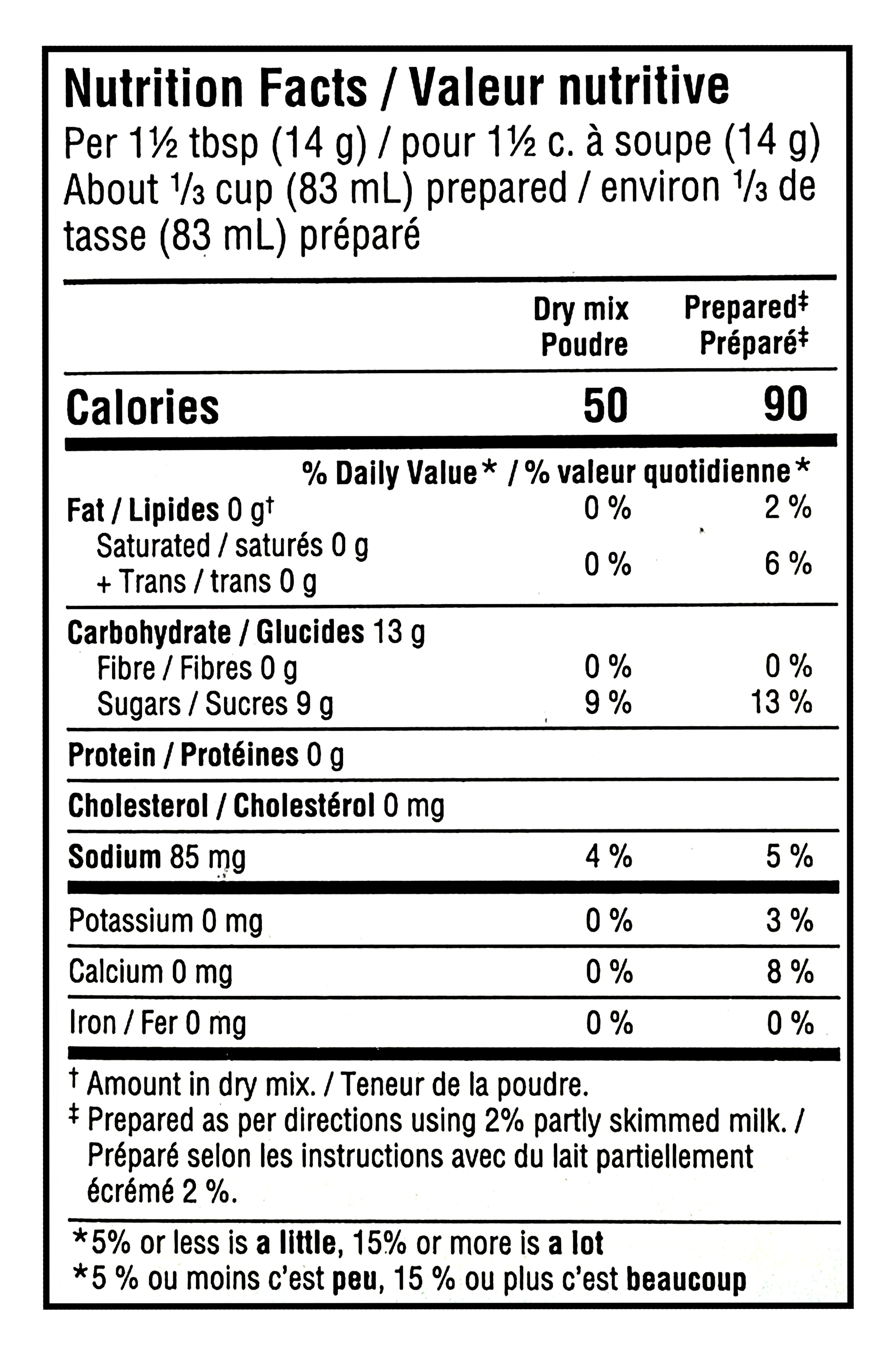 Nutrition facts label for Dr. Oetker Shirriff Butterscotch Pie Filling & Dessert Mix 133g/4.6 oz with detailed calorie count and nutritional content per serving.