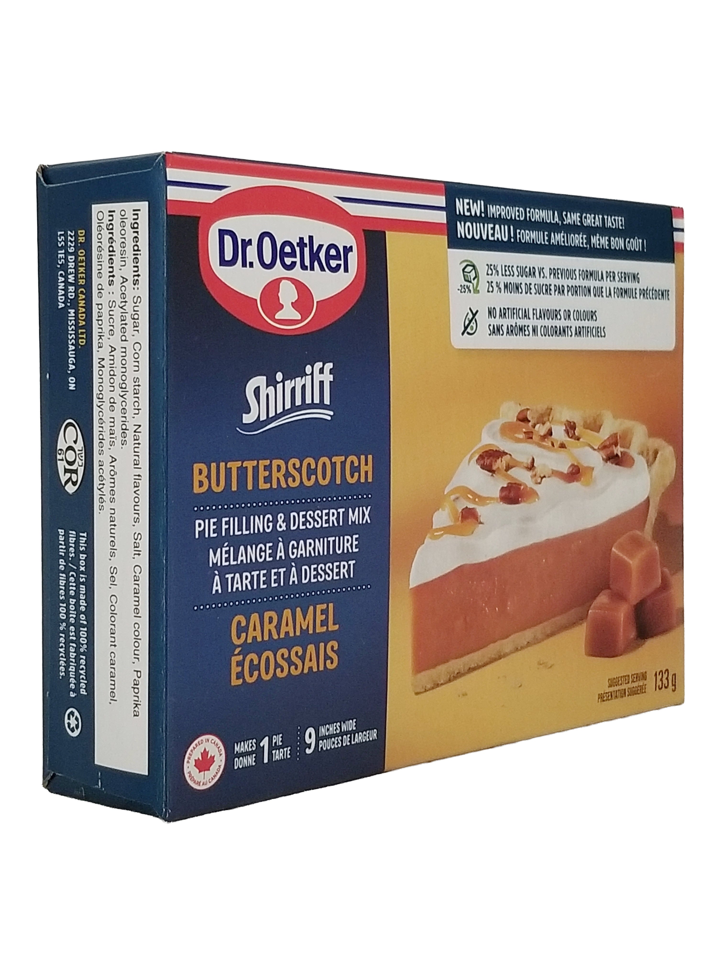 Dr. Oetker Shirriff Butterscotch Pie Filling & Dessert Mix 133g/4.6 oz on a white background