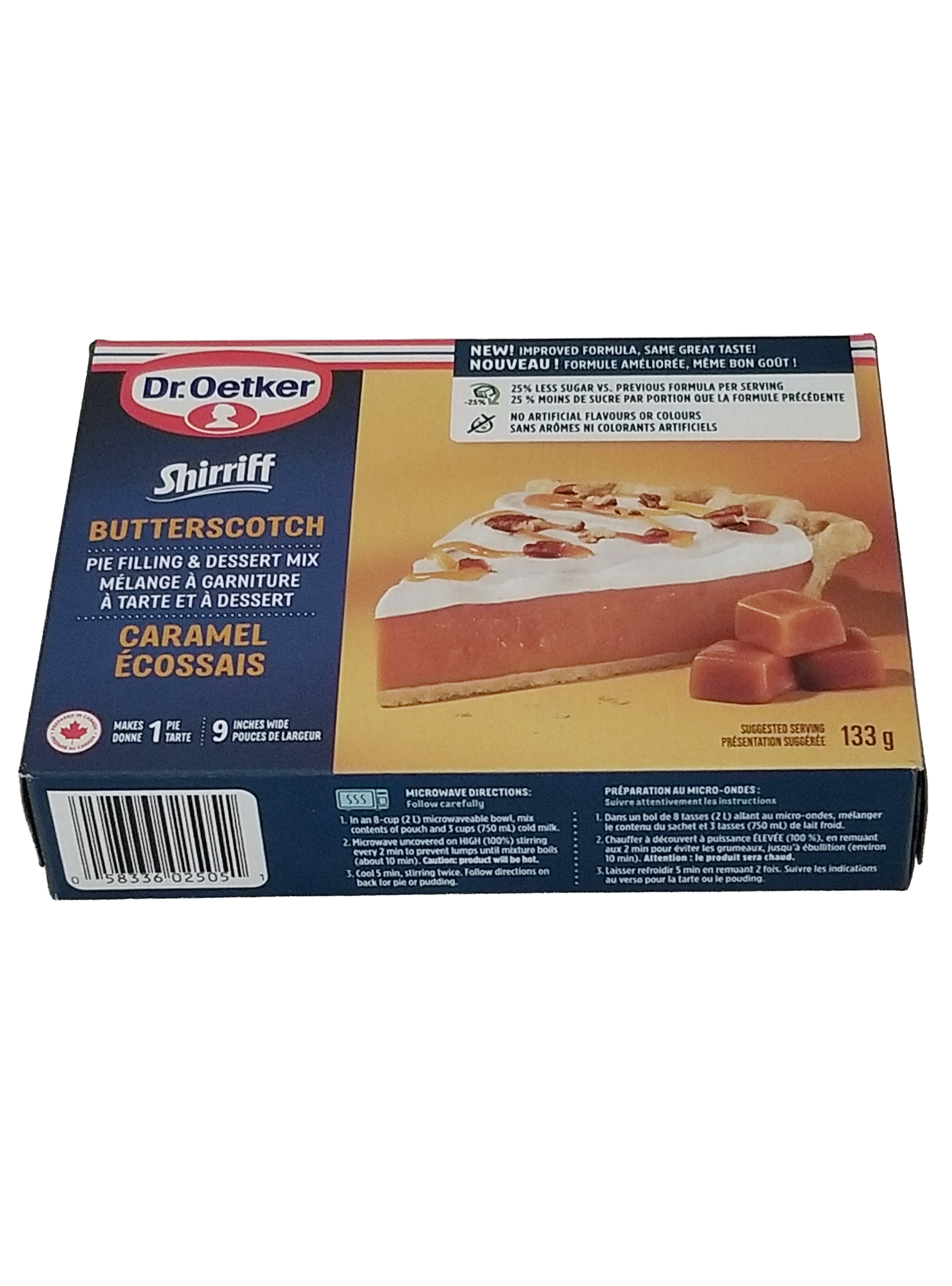 Dr. Oetker Shirriff Butterscotch Pie Filling & Dessert Mix 133g/4.6 oz on a white background