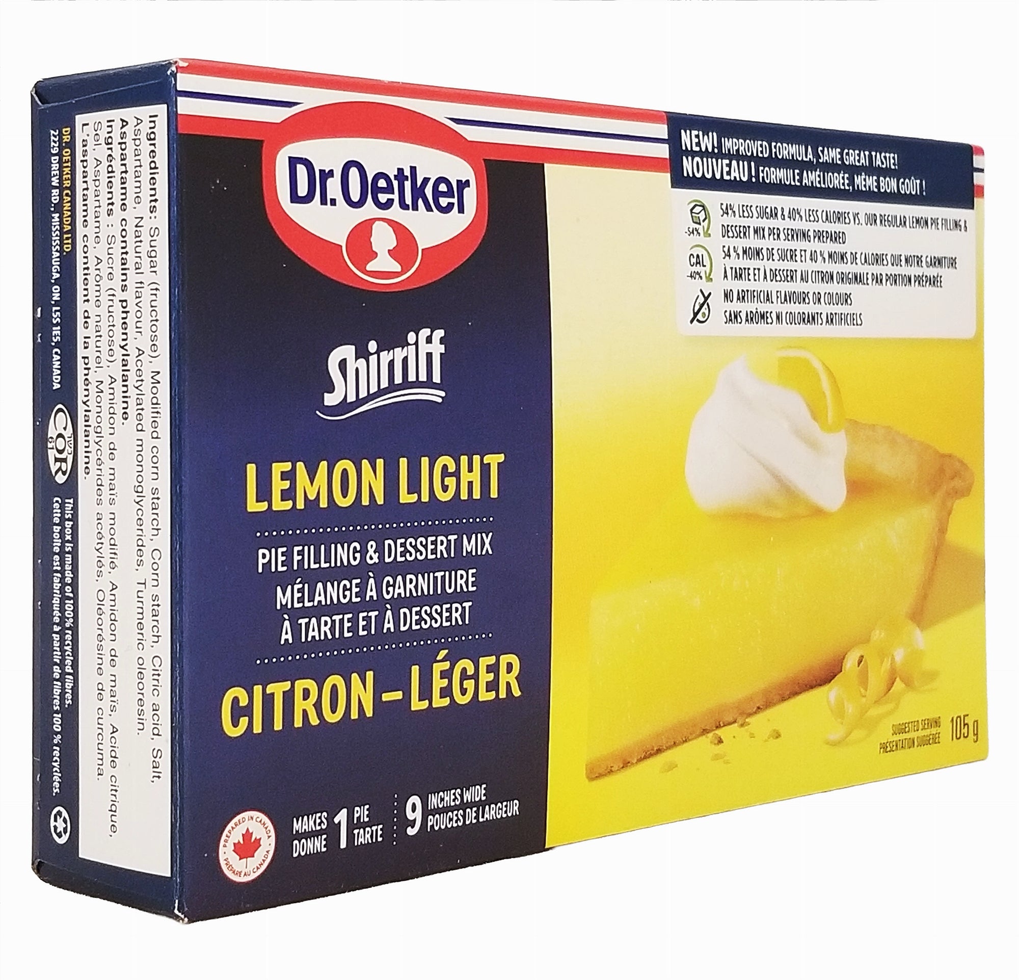 Box of Dr. Oetker Shirriff Lemon Light pie filling and dessert mix, 105g package with a slice of lemon cake on a white background.