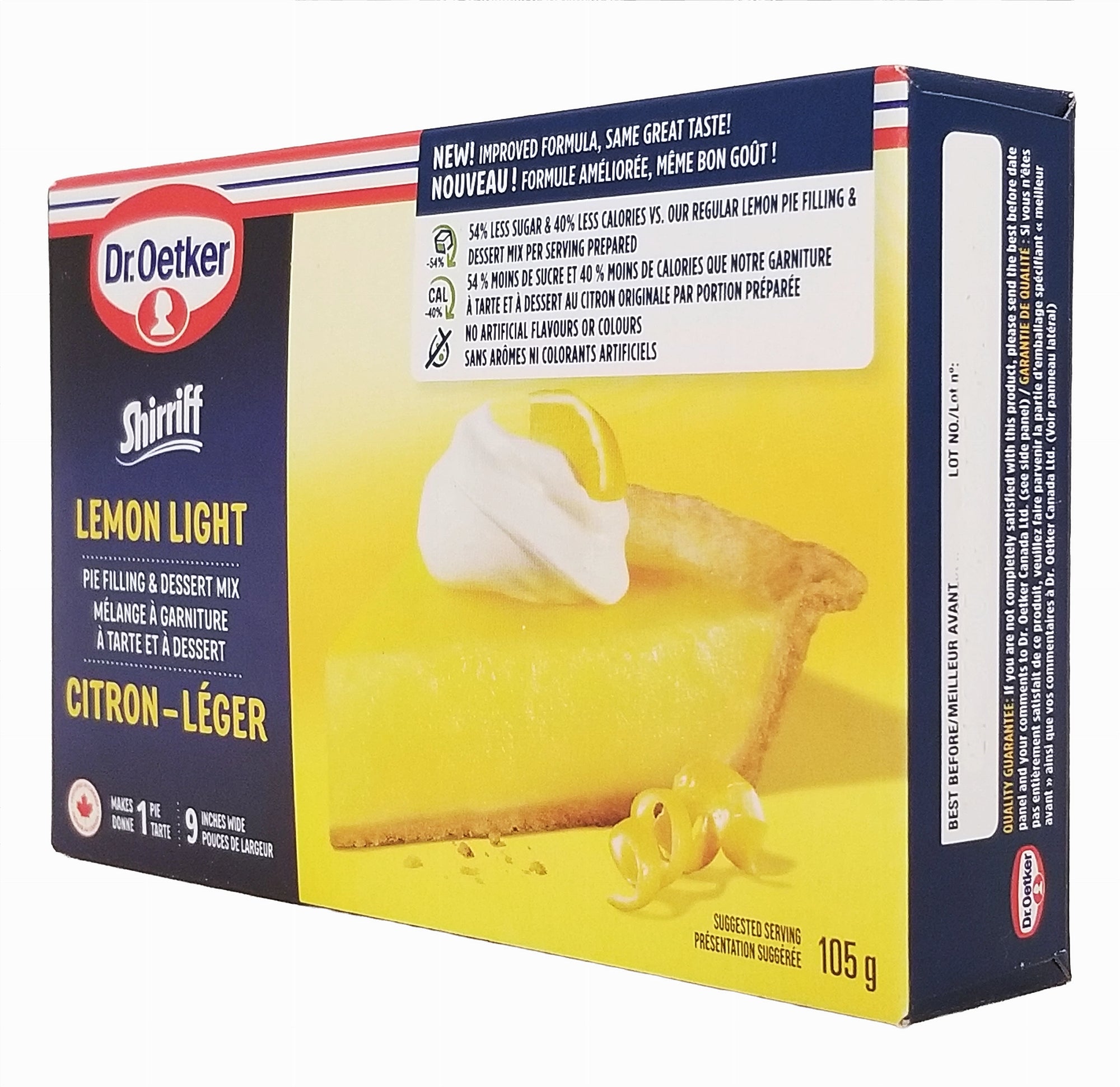 Dr. Oetker Shiriff Lemon Light pie filling and dessert mix, 105g packaging on a white background