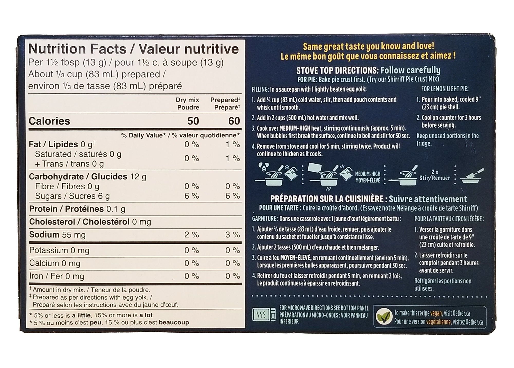Back of a Dr. Oetker Shirriff Light Lemon Pie Filling & Dessert Mix, 105g showing Nutrition facts label and cooking instructions on a product packaging.
