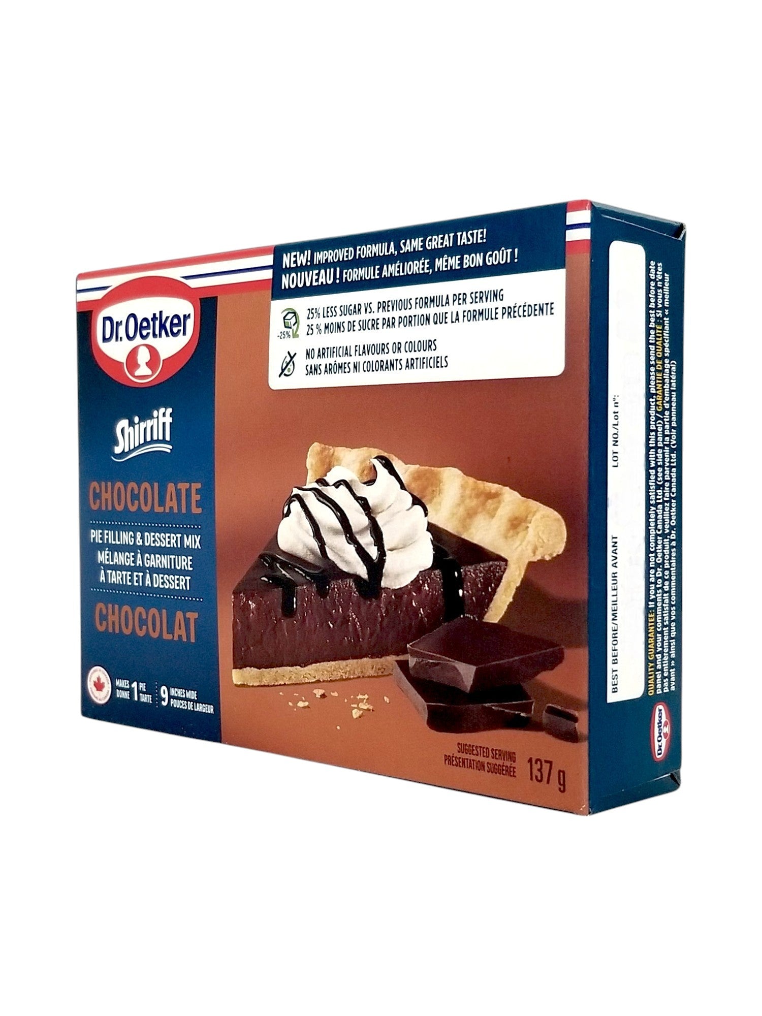 Dr. Oetker Shirriff Chocolate Pie Filling & Dessert Mix, 137g/5.6 oz. - Left Side Of Box