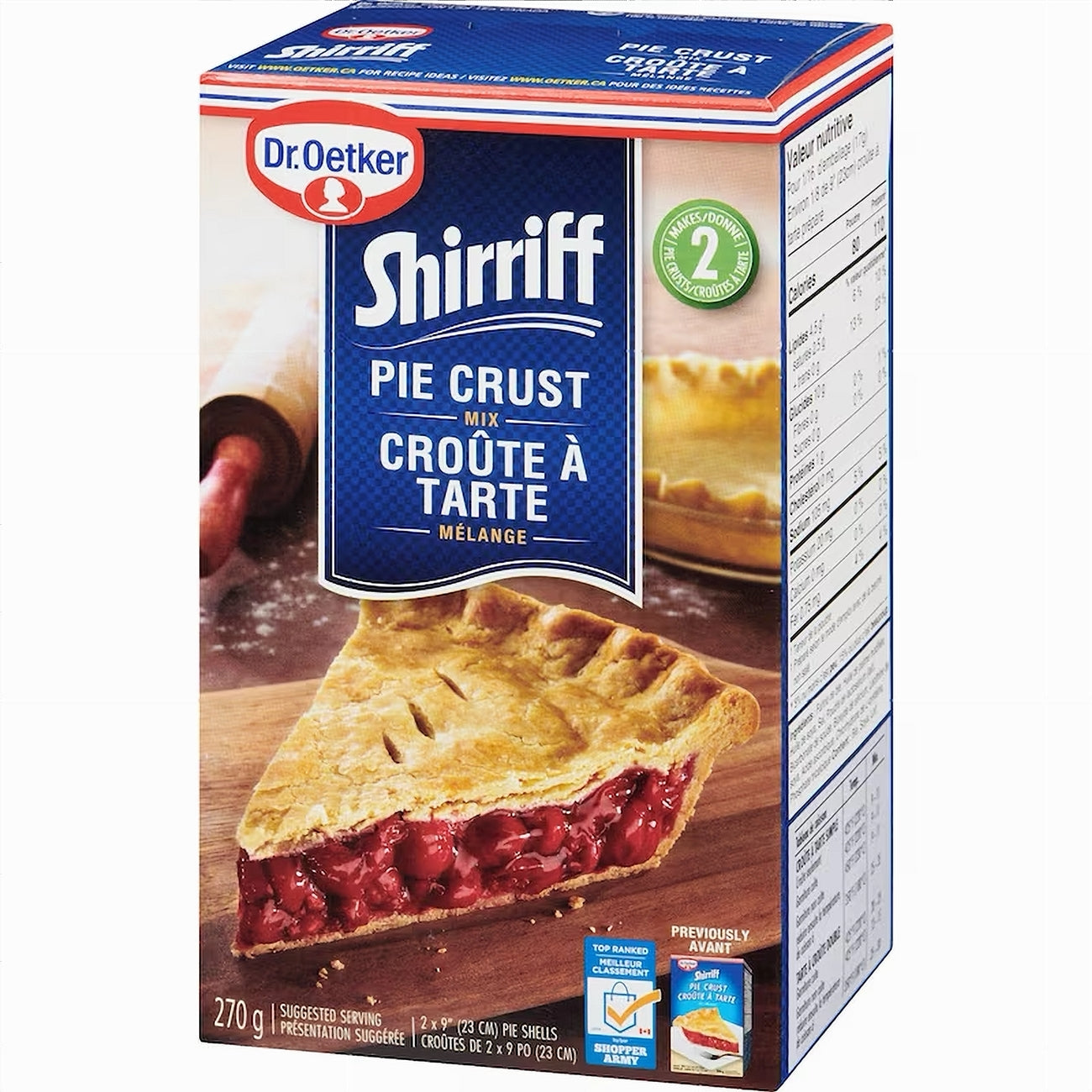 Box of Dr. Oetker Shiriff Pie Crust with a pie on a wooden board.