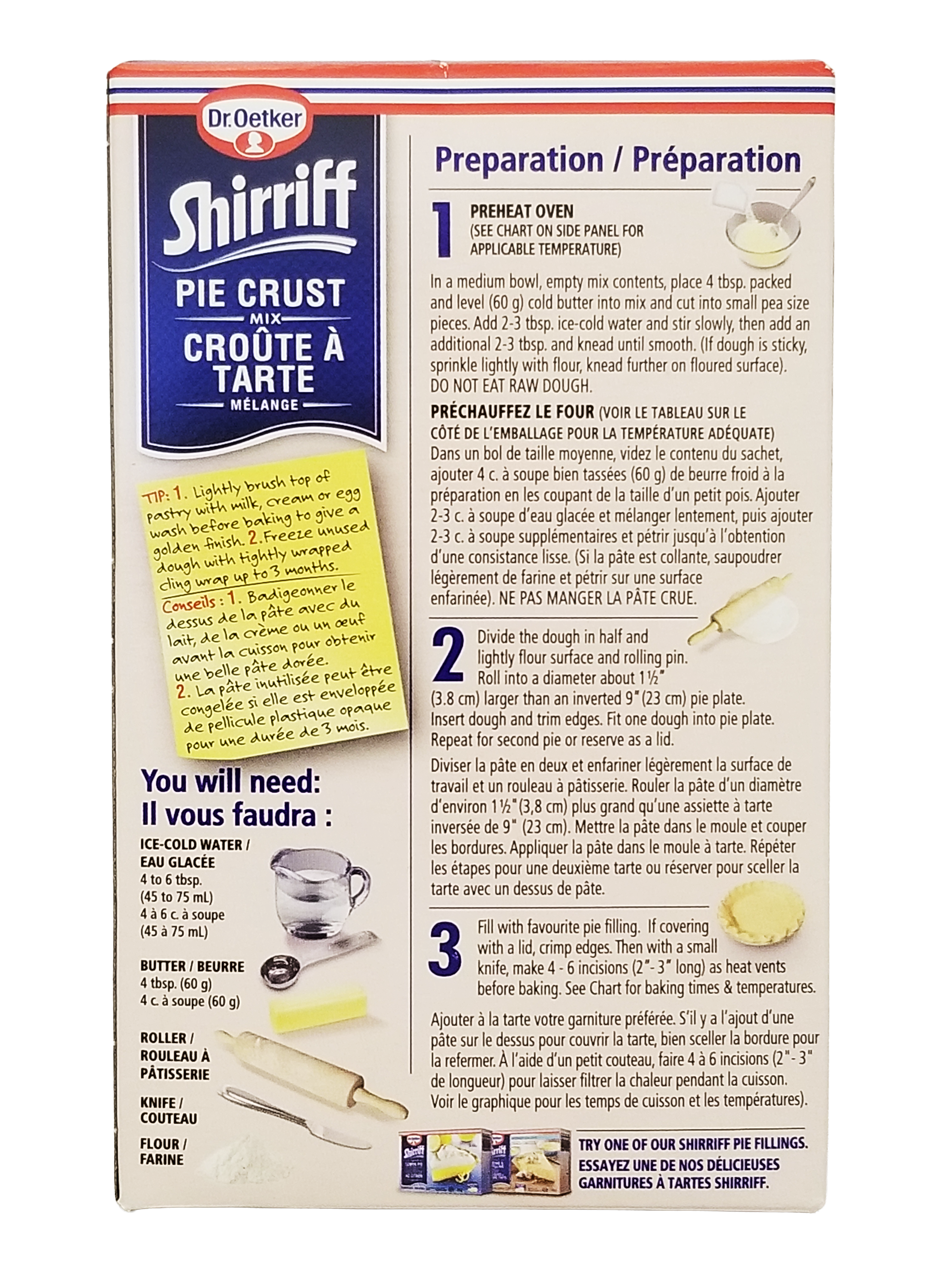 Box of Dr. Oetker Shirriff Pie Crust with preparation instructions and ingredients list.