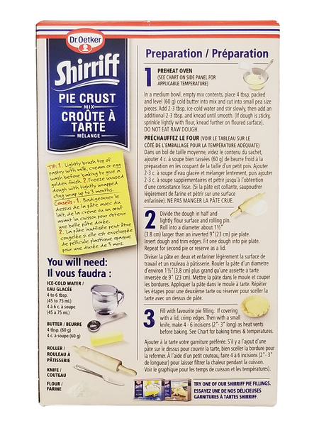 Box of Dr. Oetker Shirriff Pie Crust with preparation instructions and ingredients list.