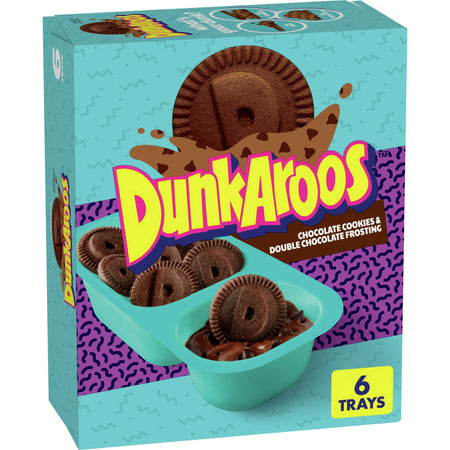 DunkAroos, Chocolate Cookies and Double Chocolate Frosting, 6 x 28g, front of box.