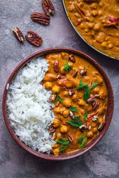 KFI Vegan Butter Chicken Cooking Sauce, 395ml/13.4 oz., Jar, vean butter chicken cooking sauce with rice.