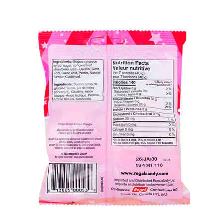 Efrutti Creamy Dreamy Strawberry Batch Gummy Candy, 100g, back of bag.