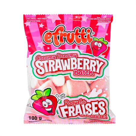 Efrutti Creamy Dreamy Strawberry Batch Gummy Candy, 100g, front of bag.