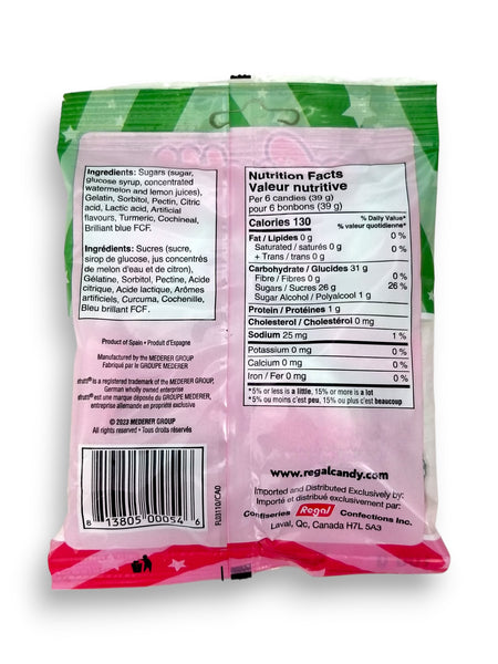 Efrutti Watermelon Wedges Gummy Candy, 100g, back of bag.