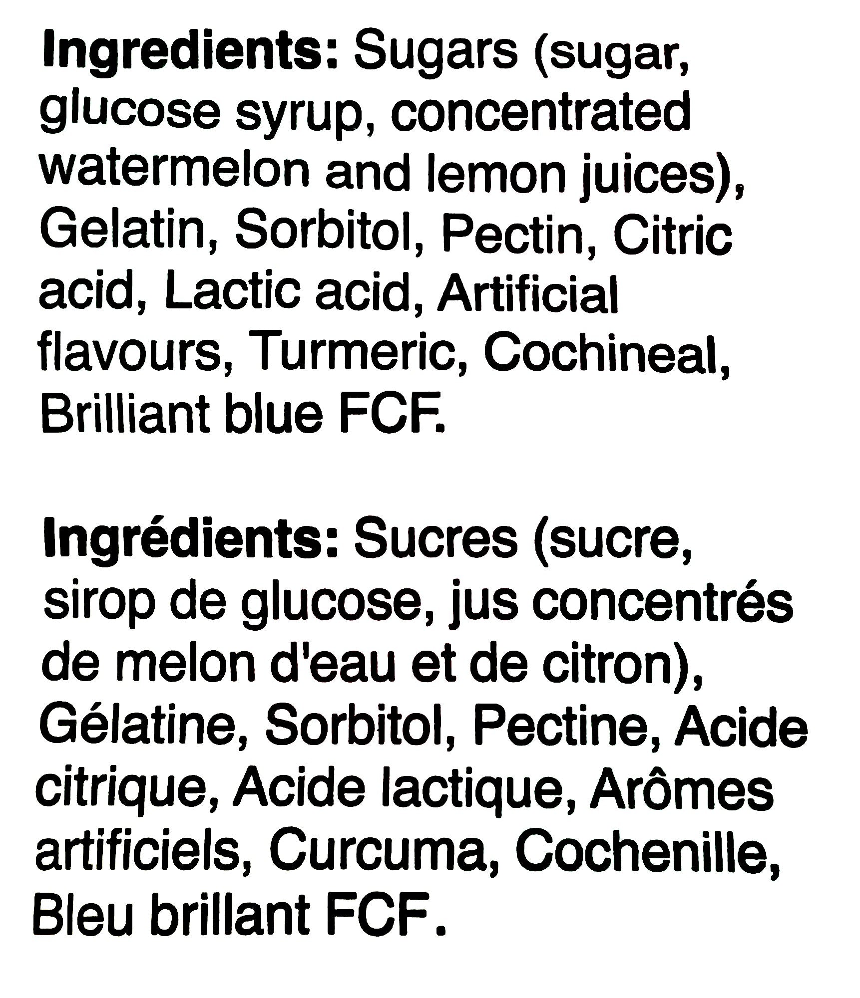 Efrutti Watermelon Wedges Gummy Candy, 100g, ingredients label.