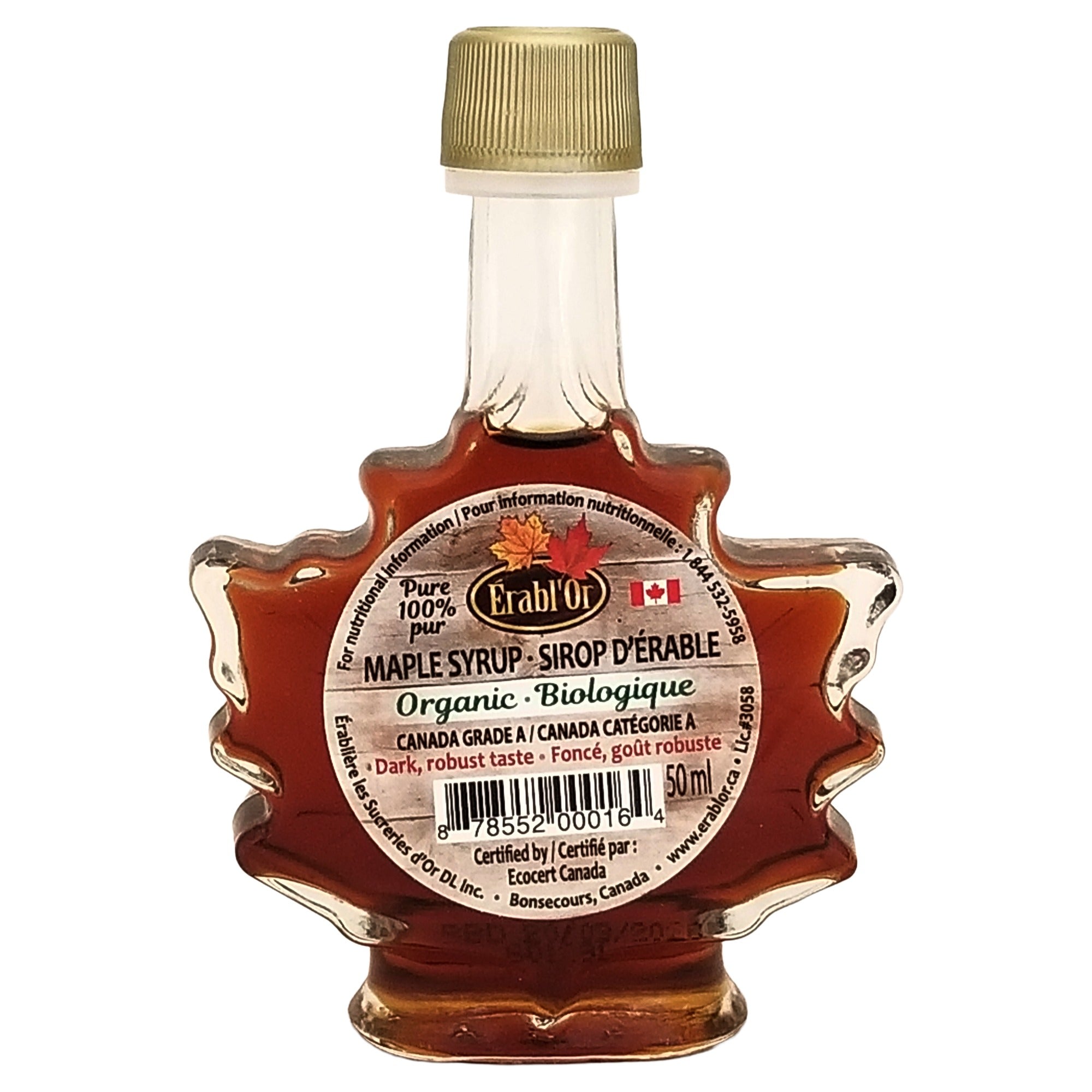 Erabl'Or organic dark robust maple syrup, 50 mL maple-leaf-shaped glass bottle with gold-colored cap.